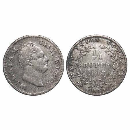 William IV, Silver, 1/4 Rupee, 1835, Calcutta Mint, B/I, R.S. incused, Medium thin sized l