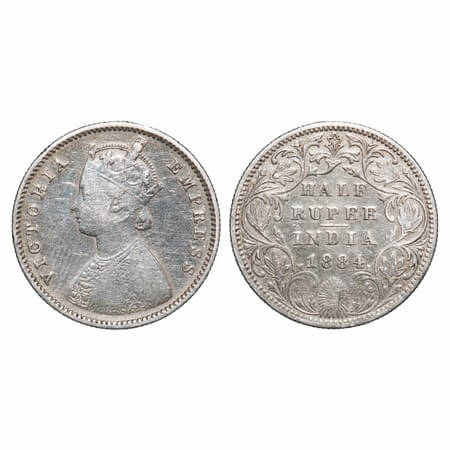 Victoria Empress, Silver, Half Rupee, 1884, Bombay Mint, A/II, No dot, Top flower centre v