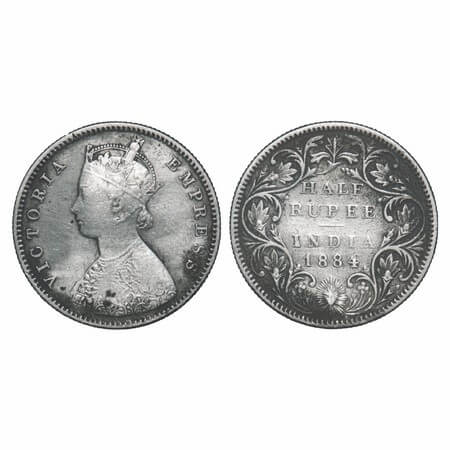 Victoria Empress, Silver, Half Rupee, 1884, Bombay Mint, A/II, No dot, Rev II dies of 1862
