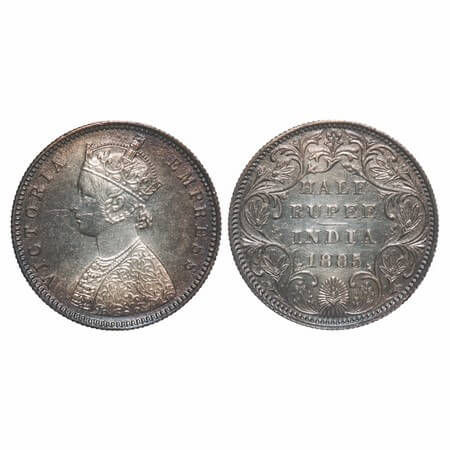 Victoria Empress, Silver, Half Rupee, 1885, Bombay Mint, A/II(i), 'B' raised, Centre verti