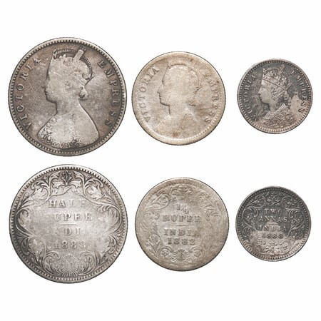 Victoria Empress, Silver, (3 coins), 1) Half Rupee, 1888, Bombay Mint, A/II(i), 'B' raised
