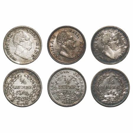 William IV, Silver, 1/4 Rupee, (3 coins) 1835, 1) Calcutta Mint, B/I, R. S. incused, Mediu