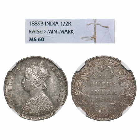 Victoria Empress, Silver, Half Rupee, 1889, Bombay Mint, A/II(i), 'B' raised. F. Prid 299.