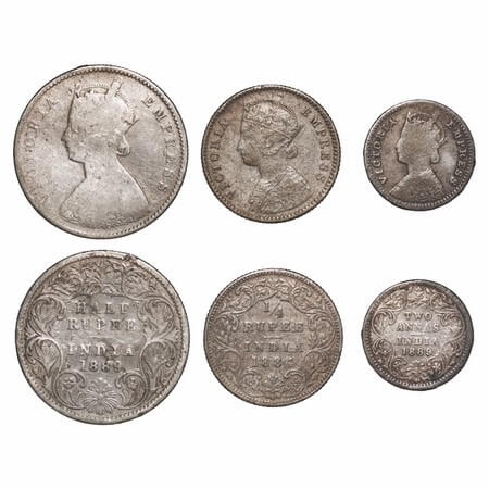 Victoria Empress, Silver, (3 coins), 1) Half Rupee, 1889, Calcutta Mint, A/I, 'C' incused,