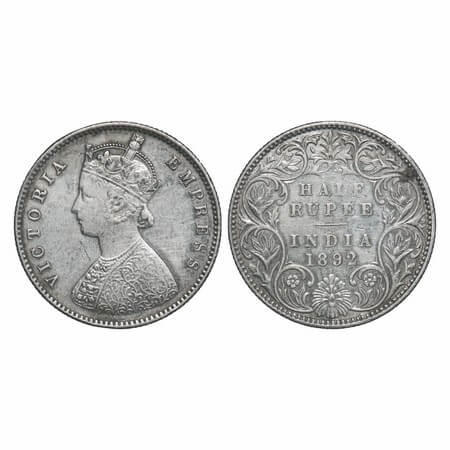 Victoria Empress, Silver, Half Rupee, 1892, Bombay Mint, A/I, 'B' incused. F. Prid 302. GK