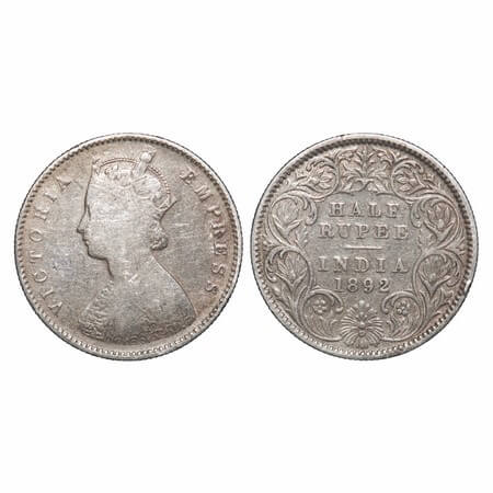 Victoria Empress, Silver, Half Rupee, 1892, Calcutta Mint, A/I, 'C' incused. F. Prid 276. 