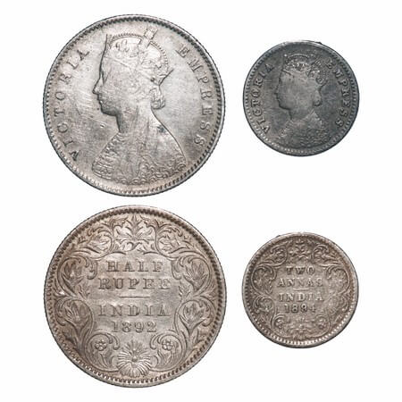 Victoria Empress, Silver, (2 coins), 1) Half Rupee, 1892, Calcutta Mint, A/I, 'C' incused,