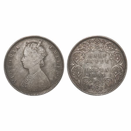 Victoria Empress, Silver, Half Rupee, 1893, Calcutta Mint, A/I, 'C' incused. F. Prid 277. 