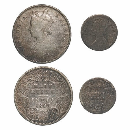 Victoria Empress, Silver, (2 coins), 1) Half Rupee, 1893, Calcutta Mint, A/I, 'C' incused,