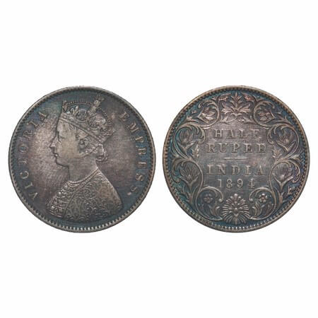 Victoria Empress, Silver, Half Rupee, 1894, Bombay Mint, A/I, 'B' incused. F. Prid 304. GK