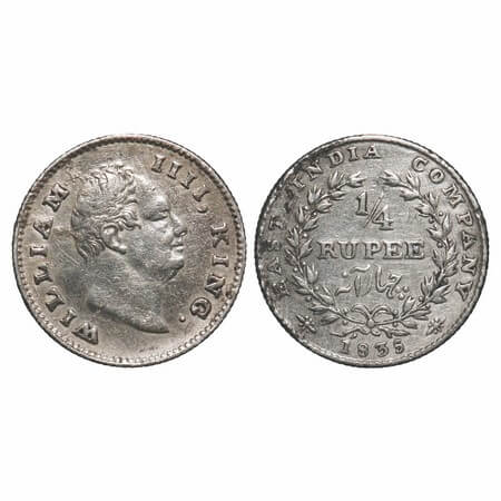William IV, Silver, 1/4 Rupee, 1835, Calcutta Mint, A/I, 'F' incused, Large & thick letter