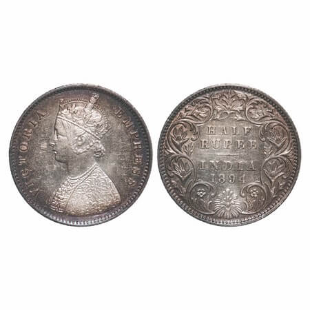 Victoria Empress, Silver, Half Rupee, 1894, Bombay Mint, A/I, 'B' incused, Edge nick on Ob