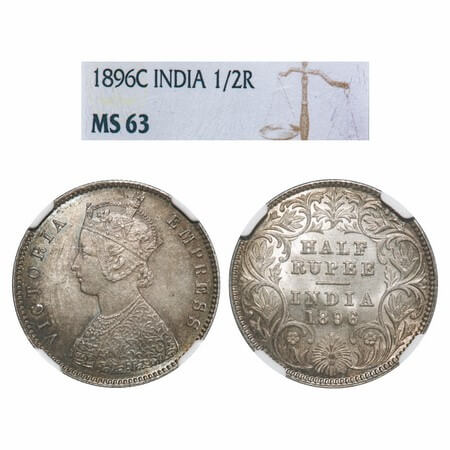 Victoria Empress, Silver, Half Rupee, 1896, Calcutta Mint, A/I, 'C' incused. F. Prid 279. 
