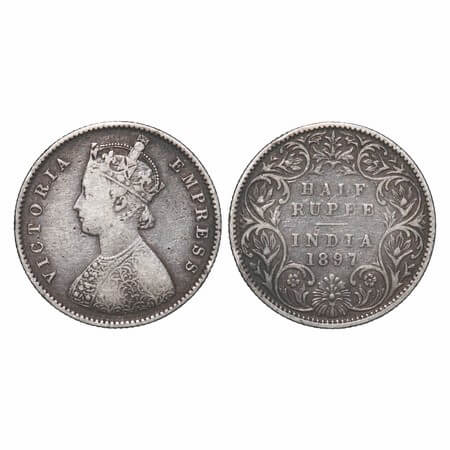 Victoria Empress, Silver, Half Rupee, 1897, Bombay Mint, A/I, 'B' incused, Traces of numer