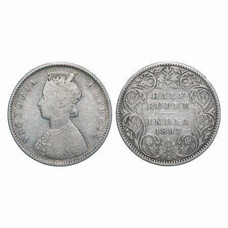 Victoria Empress, Silver, Half Rupee, 1897, Bombay Mint, A/I, 'B' incused, Traces of numer