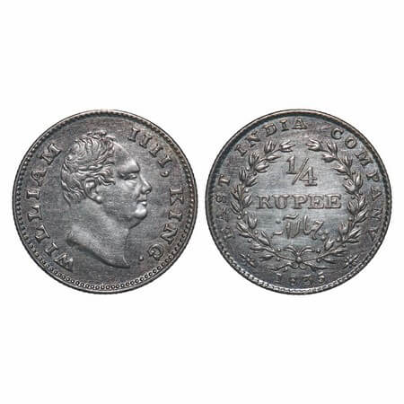 William IV, Silver, 1/4 Rupee, 1835, Calcutta Mint, A/I, 'F' incused, Large & thick size l