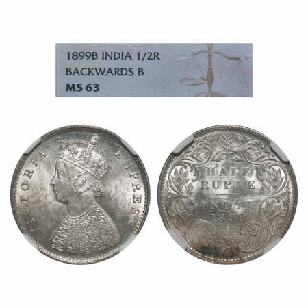 Victoria Empress, Silver, Half Rupee, 1899, Bombay Mint, A/I, 'B' incused, B incused inver
