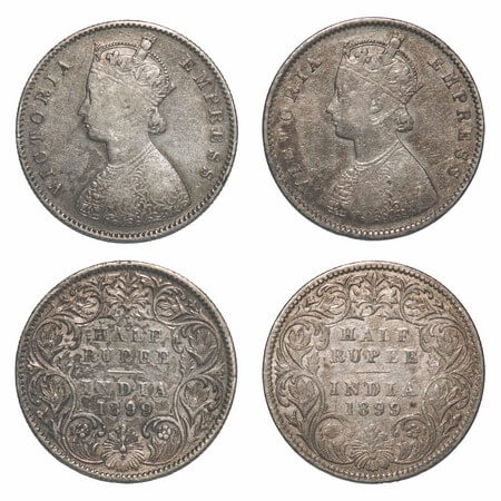 Victoria Empress, Silver, Half Rupee, (2 coins), 1899, 1) Bombay Mint, A/I, 'B' incused, B