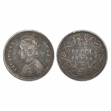 Victoria Queen, Silver, 1/4 Rupee, 1875, Bombay Mint, A/I, No dot. F. Prid 406. GK 666. Ex
