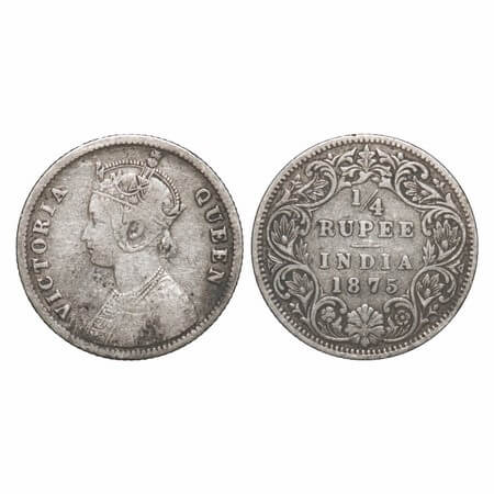 Victoria Queen, Silver, 1/4 Rupee, 1875, Calcutta Mint, A/I, No mint mark, No C. F. Prid 3