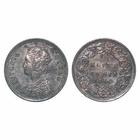 Victoria Queen, Silver, 1/4 Rupee, 1876, Bombay Mint, A/I, No dot. F. Prid 407. GK 668. Al