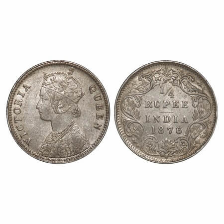 Victoria Queen, Silver, 1/4 Rupee, 1876, Calcutta Mint, A/I, No mint mark, No 'C', Die cra
