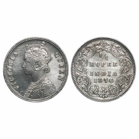 Victoria Queen, Silver, 1/4 Rupee, 1876, Calcutta Mint, A/I, No mint mark, No 'C', Clogged