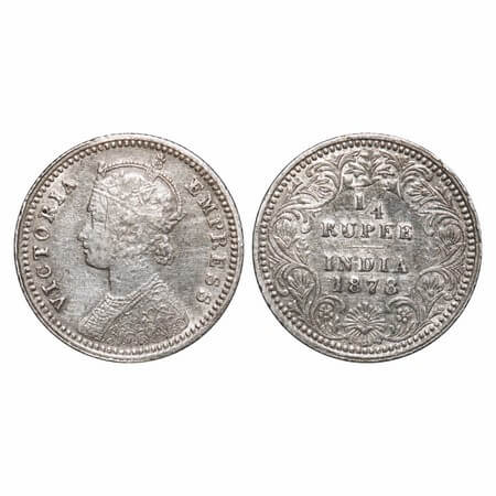 Victoria Empress, Silver, 1/4 Rupee, 1878, Calcutta Mint, C/II, No mint mark, No 'C', Coin