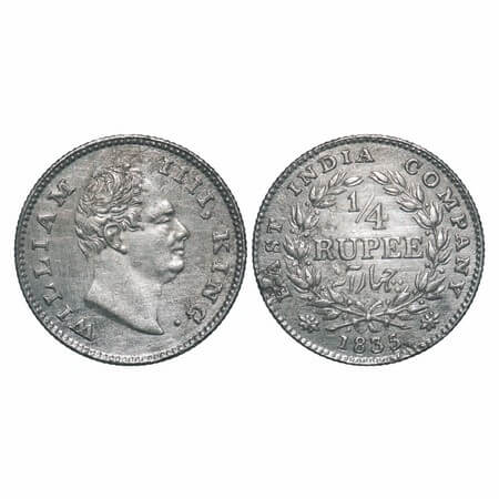 William IV, Silver, 1/4 Rupee, 1835, Calcutta Mint, A/II, 'F' incused, Large & thick lette