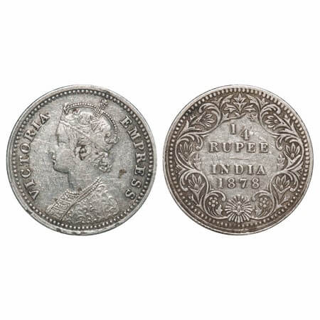 Victoria Empress, Silver, 1/4 Rupee, 1878, Calcutta Mint, C/II, No mint mark, No 'C', (The