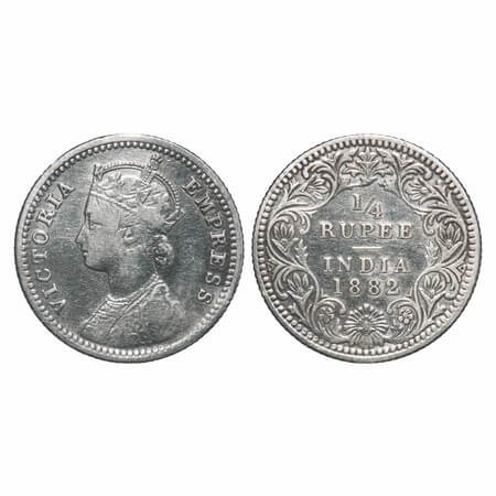 Victoria Empress, Silver, 1/4 Rupee, 1882, Calcutta Mint, C/II, 'C' incused. F. Prid 387. 