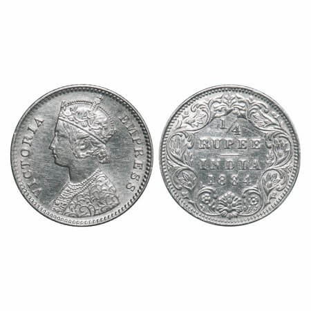 Victoria Empress, Silver, 1/4 Rupee, 1884, Bombay Mint, B/I, 'B' raised. F. Prid 416. GK 6
