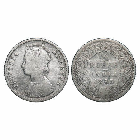 Victoria Empress, Silver, 1/4 Rupee, 1885, Bombay Mint, B/I, 'B' raised. F. Prid 418. GK 7