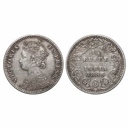 Victoria Empress, Silver, 1/4 Rupee, 1886, Bombay Mint, B/I, 'B' raised. F. Prid Unlisted.