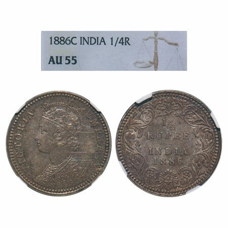 Victoria Empress, Silver, 1/4 Rupee, 1886, Calcutta Mint, C/II, 'C' incused. F. Prid 391. 