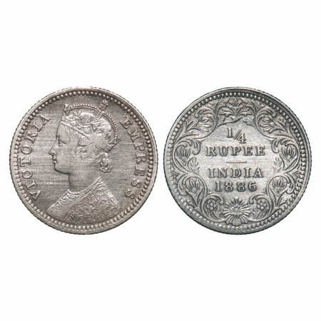 Victoria Empress, Silver, 1/4 Rupee, 1886, Calcutta Mint, C/II, 'C' incused. F. Prid 391. 