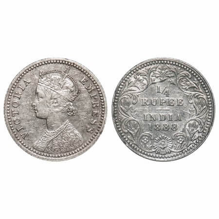 Victoria Empress, Silver, 1/4 Rupee, 1888, Calcutta Mint, C/II, No mint mark, No 'C'. F. P
