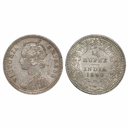 Victoria Empress, Silver, 1/4 Rupee, 1890, Calcutta Mint, C/II, 'C' incused. F. Prid. 395.