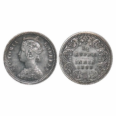 Victoria Empress, Silver, 1/4 Rupee, 1890, Calcutta Mint, C/II, 'C' incused. F. Prid 395. 