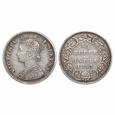 Victoria Empress, Silver, 1/4 Rupee, 1893, Bombay Mint, C(i)/I, 'B' incused. F. Prid 428. 
