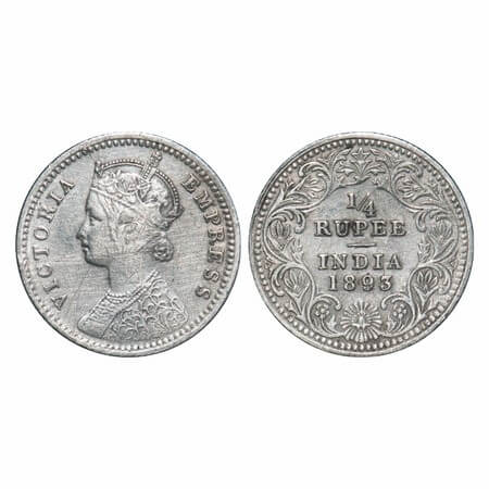 Victoria Empress, Silver, 1/4 Rupee, 1893, Calcutta Mint, C/II, 'C' incused. F. Prid 398.