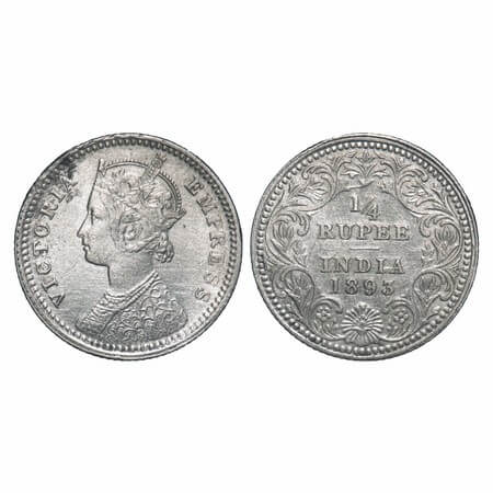 Victoria Empress, Silver, 1/4 Rupee, 1893, Calcutta Mint, C/II, 'C' incused. F. Prid 398. 