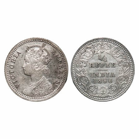 Victoria Empress, Silver, 1/4 Rupee, 1896, Calcutta Mint, C/II, 'C' incused. F. Prid 400. 
