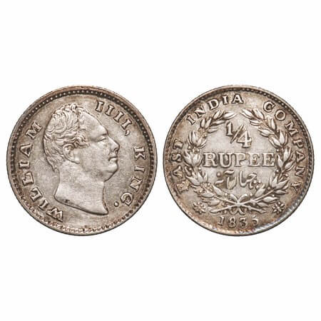 William IV, Silver, 1/4 Rupee, 1835, Calcutta Mint, A/II, Dugout f, Large & thick size let