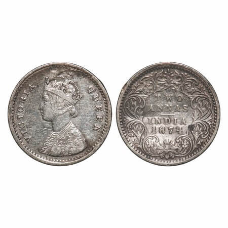 Victoria Queen, Silver, 2 Annas, 1874, Bombay Mint, A/I, No mint mark, No dot, Planchate f