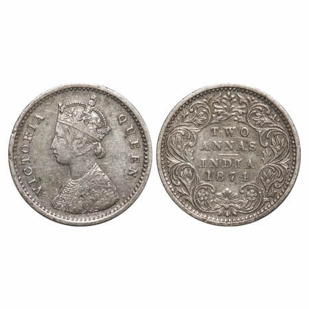 Victoria Queen, Silver, 2 Annas, 1874, Bombay Mint, A/I, No mint mark, No dot. F. Prid Unl