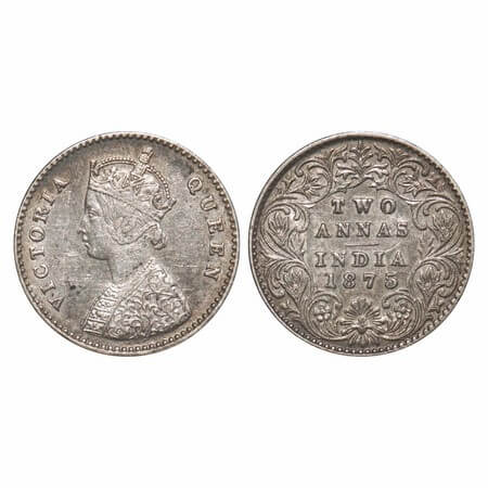 Victoria Queen, Silver, 2 Annas, 1875, Calcutta Mint, A/I, No mint mark, Ghost on Rev. F. 