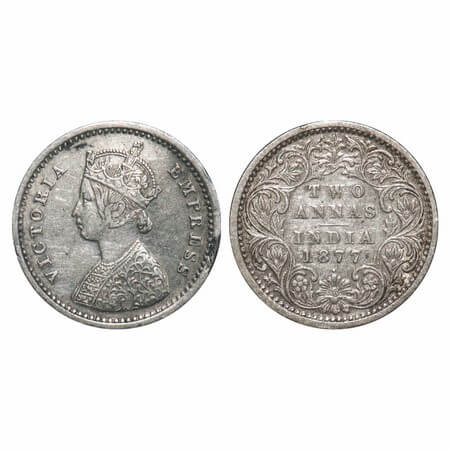 Victoria Empress, Silver, 2 Annas, 1877, Bombay Mint, A/I, Dot. F. Prid 520. GK 746. Extre
