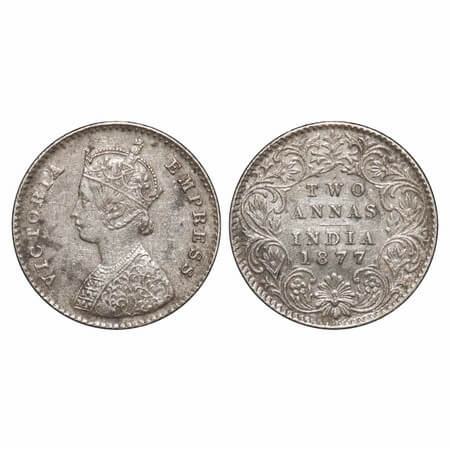 Victoria Empress, Silver, 2 Annas, 1877, Calcutta Mint, A/I, No mint mark. F. Prid. 491. G