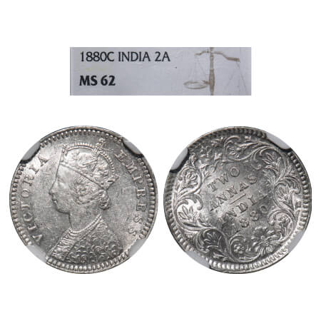 Victoria Empress, Silver, 2 Annas, 1880, Calcutta Mint, B/II, 'C' incused, 11'o clock on R